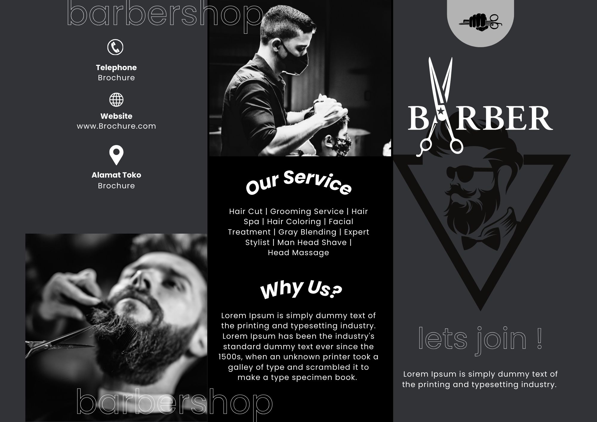 Black and Grey Creative Barbershop Trifold Brochure